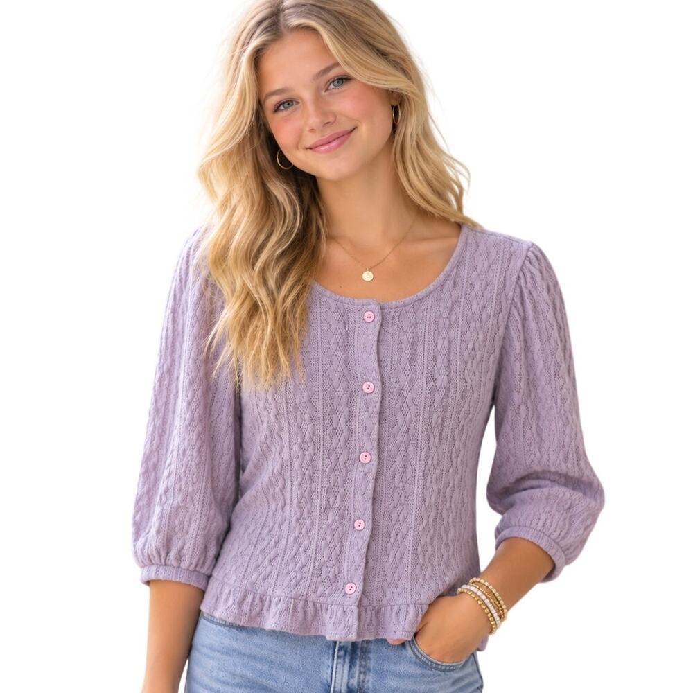 Sadie & Sage Cable Knit Ruffle Hem Top Womens XL Lavender Long Sleeve Button